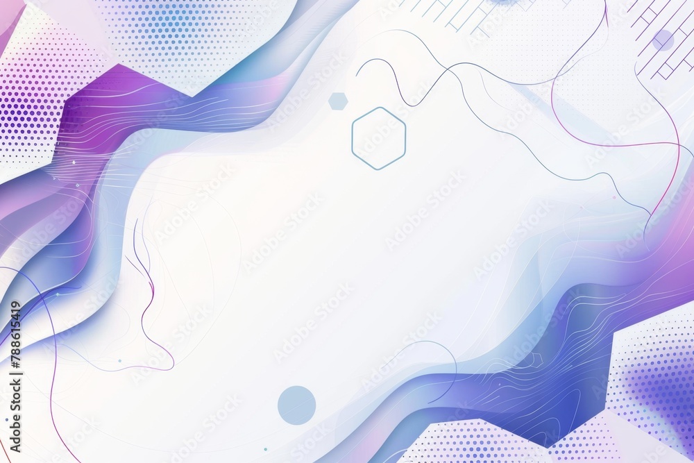 Poster abstract futuristic background with hexagons and wavy lines on a white background, with a purple blu
