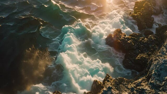 The sun illuminates the expansive ocean and a rocky landscape, Illuminating aerial portrayal of a sunlit sea contrasted against dark rocks