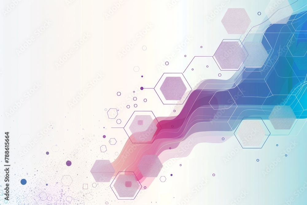 Poster abstract futuristic background with hexagons and wavy lines on a white background, using a colorful 