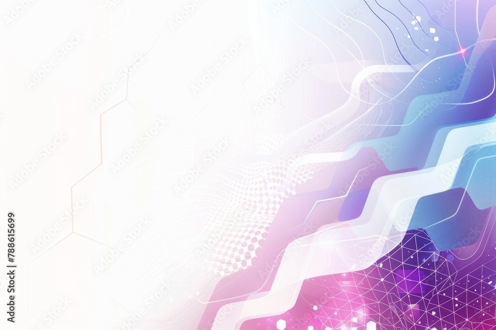 Poster abstract futuristic background with hexagons and wavy lines light color palette with purple and blue