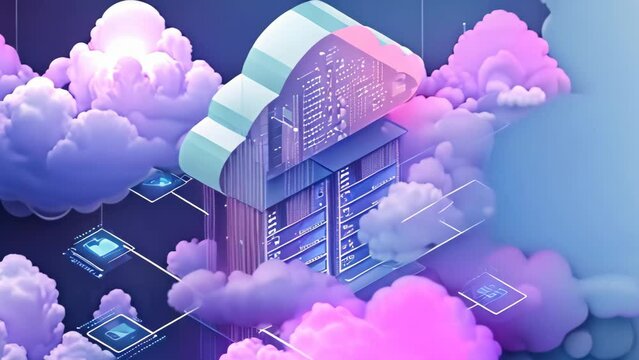A photo of a building with blue and pink exteriors, adorned with surrounding icons, Illustrate data migration from NAS storage to cloud storage