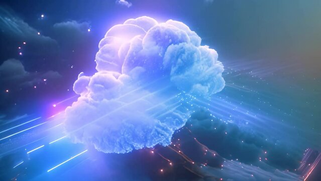 A blue and pink cloud floats elegantly over a black background, Illustrate data migration from NAS storage to cloud storage