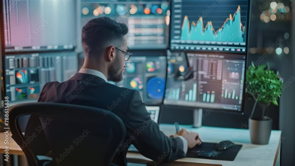 Poster a man seated at a desk focusing on his computer screen, engaged in productive work, video of a busin
