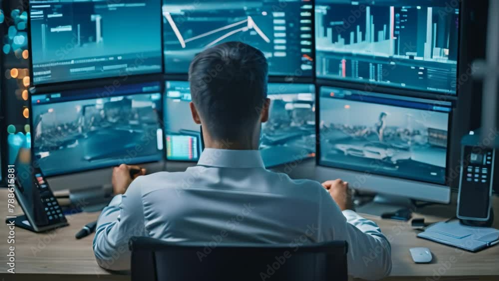 Poster a man sits at a desk surrounded by multiple computer monitors, engaged in work or study, video of a 