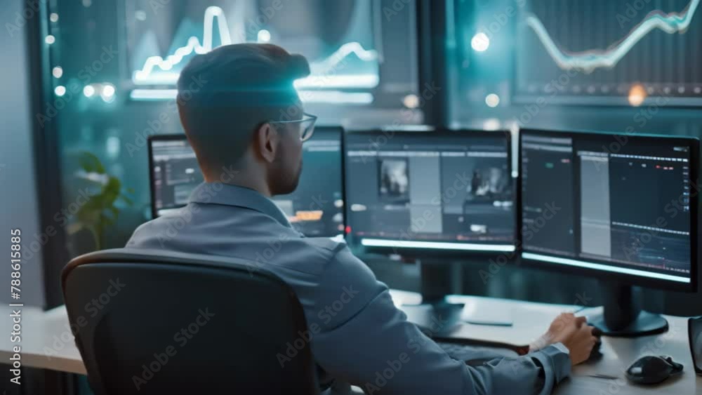 Poster a man sits at a desk and works in front of two computer monitors, video of a businessman analyzing d