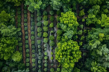 Fotobehang Sustainable forestry, drone reforestation, habitat restoration, aerial view © DK_2020