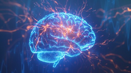 Human brain digital illustration. Electrical Activity, Flashes, and Lightning on a Blue Background