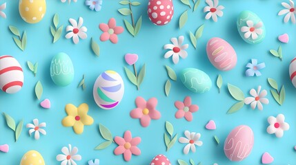 Fototapeta na wymiar Clay Easter Eggs Spring Flowers Background Seamless Pattern