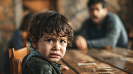 Sad kid with blurred couple fighting at home on background , Domestic violence concept .