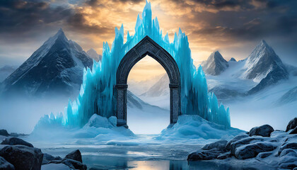 Portal to mystical ice kingdom. Frozen gateway. Beautiful landscape. Winter scenery. - obrazy, fototapety, plakaty