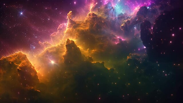 A vibrant cosmic scene showcasing a plethora of stars and clouds against a colorful backdrop, Interstellar cloud nebula featuring a cascade of rainbow hues