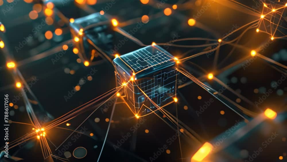Poster a photograph capturing the intricate details of an abstract cube adorned with vibrant glowing lights