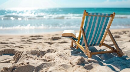 summer holiday setting with a book on a beach chair, the perfect spot for vacation reading