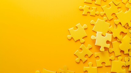 An overhead view of multiple yellow puzzle pieces scattered haphazardly on a uniform yellow background, with ample copy space on the right for text.