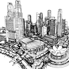 Black and White Line Art of Singapore City, Simplistic Design
