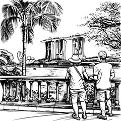 Outline Realistic Image of Sightseeing in Singapore, Coloring Book Illustration