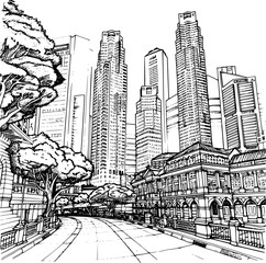 Black and White Line Drawing of Singapore City, Timeless Charm