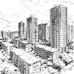 Blueprint of Singapore City Neighborhood, Tall Buildings Sketch
