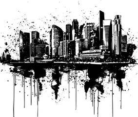 2D Drawing of Singapore Skyline on White Background, Classic Illustration - obrazy, fototapety, plakaty