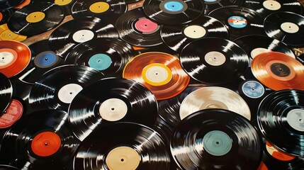A vibrant array of classic vinyl records spread out over a wooden surface, showcasing a diverse selection of music genres and labels.