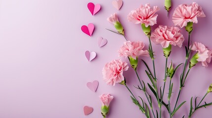 Capture the essence of Mother s Day with a delightful pink gift idea Behold a charming top down arrangement featuring a lovely bouquet of carnation flowers accompanied by paper hearts set a