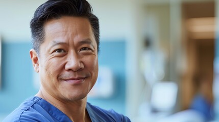 modern friendly asian man doctor in scrubs, smiling slightly, head shot in modern White and blue