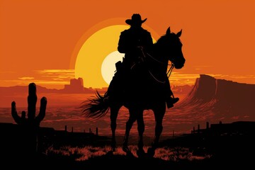 Majestic Silhouette cowboy horse. Lonely and brave rider against endless wasteland. Generate AI - obrazy, fototapety, plakaty