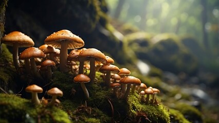 Mushrooms thrive amidst the forest's autumn hues, blending into the natural canvas of brown and green, a macro view of edible fungi in their wild habitat - obrazy, fototapety, plakaty