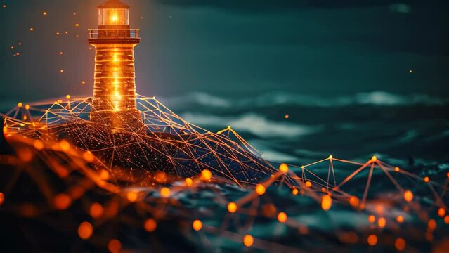 A lighthouse stands atop a mountain, overlooking the vast sky in a remote location, Lighthouse symbolizing guidance and assurance, commandeered by blockchain
