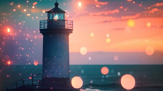 A stunning lighthouse surrounded by a celestial backdrop of stars and accentuated with captivating lines, Lighthouse symbolizing guidance and assurance, commandeered by blockchain
