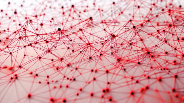 A detailed view of a red network pattern on a clean and white surface, Linear representation of a network topology