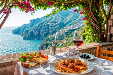 Mediterranean Delight: Spaghetti with Meatballs Served on a Terrace Overlooking the Sea from an Italian Restaurant.