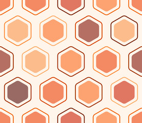 Hexagonal pattern background. Rounded hexagons mosaic cells with padding and inner solid cells. Orange color tones. Large hexagons. Tileable pattern. Seamless vector illustration.