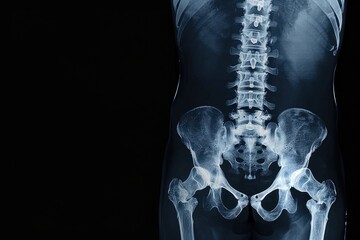 X-ray image of human normal spine, rips, pelvis, both hip joint and blank area at right side, copyspace - obrazy, fototapety, plakaty