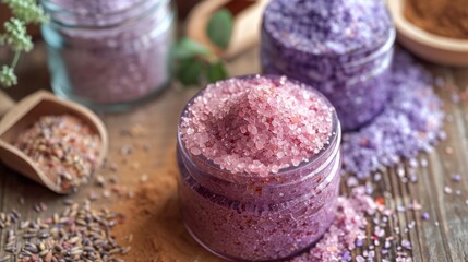 Obraz na płótnie Canvas Jar With Pink and Purple Bath Salt