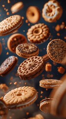 Craft a CG 3D illustration showcasing mouthwatering cookies floating elegantly, highlighted by soft shadows and vibrant colors Strive for a sense of motion