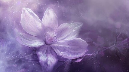 This image features a close-up of a delicate lilac flower set against a softly blurred background with subtle sparkles, invoking an ethereal, serene ambiance.
