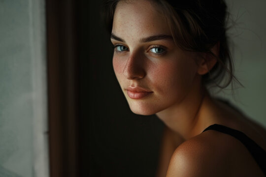 femme brune de trois quart dans la p&eacute;nombre regardant la camera