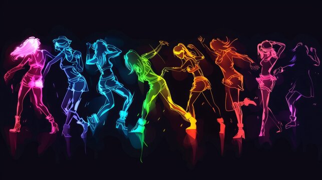A digital illustration showcasing silhouettes of people dancing, each illuminated by different vibrant neon lights. Perfect depiction of energy, music, and motion.