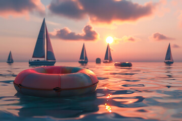 Rubber rings and sailboats floating in the sea in the evening