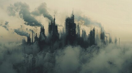 A cityscape clouded with airborne toxins from industrial emissions - obrazy, fototapety, plakaty