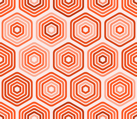 Tileable hexagon background. Bold rounded stacked hexagons mosaic pattern. Orange color tones. Large hexagons. Tileable pattern. Seamless vector illustration.
