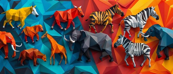 Capture the essence of the wild in a traditional oil painting, featuring geometric safari animals from a high angle with vivid, contrasting colors - obrazy, fototapety, plakaty