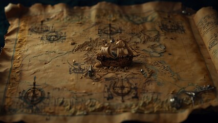 Antique Map and Compass on Wooden Surface with Currency: A Vintage Business Concept in a City Setting