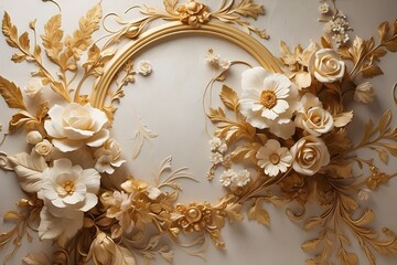A plaster wall with a light decorative texture, abundant decorative flowers, and golden accents..