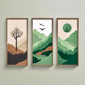 landscape with trees on three pictures on wall 