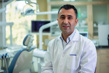 A confident male dentist in his clinic: This professional doctor, specialized in dentistry, provides