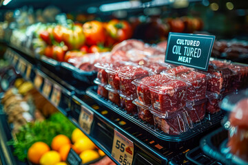 Revolutionary lab-grown meat now available at a store, neatly packaged in vacuum-sealed plastic, marking a milestone in sustainable food innovation. Generative AI.