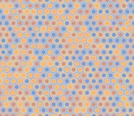 Hexagonal pattern background. Hexagon mosaic background with inner solid cells. Hexagon geometric shapes. Multiple tones color palette. Seamless pattern. Tileable vector illustration.
