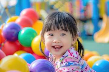 Fototapeta na wymiar A cheerful Asian toddler girl finds happiness in a colorful playground, playing with plastic balls